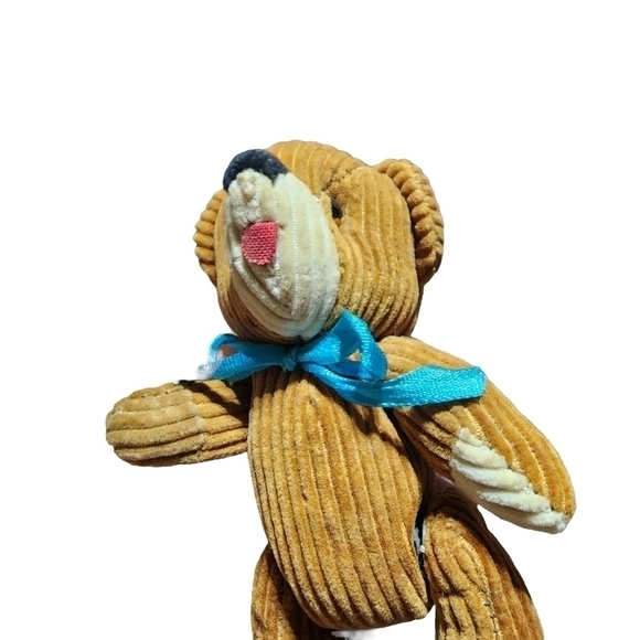 Vintage mini Corduroy bear ornament tan with blue bow moveable - Picture 11 of 13